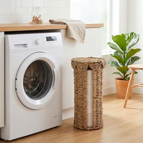 Wicker Toilet Paper Holder with Lid, Woven Paper Roll Holder Boho Rattan Toilet Papers Roll Stand for Bathroom Organizer and Storage Farmhouse Tissue Storage for 3 Mega Rolls (Seagrass)