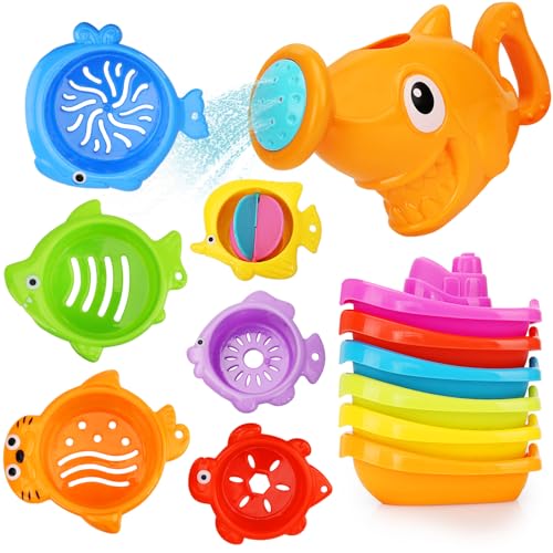 Baby Bath Toys for Kids Ages 1-3,13 Pcs Bathtub Toys for Babies 6-12-18 Months, Mold Free Bath Toys Toddlers 2-4 Years Old,Stacking Cups & Watering Can,Water Table Toys for Infants Boys Girls 1 2 3 4 - style: Orange