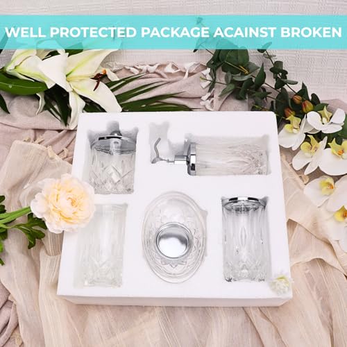 Bathroom Accessories Set,5 Pcs Clear Glass Bathroom Accessory Set,Complete Lotion Soap Dispenser,Toothbrush Holder,Soap Dish,Tumbler & Jar,Modern Bathroom Decor Sets Gift,Round - style: Round(Clear)