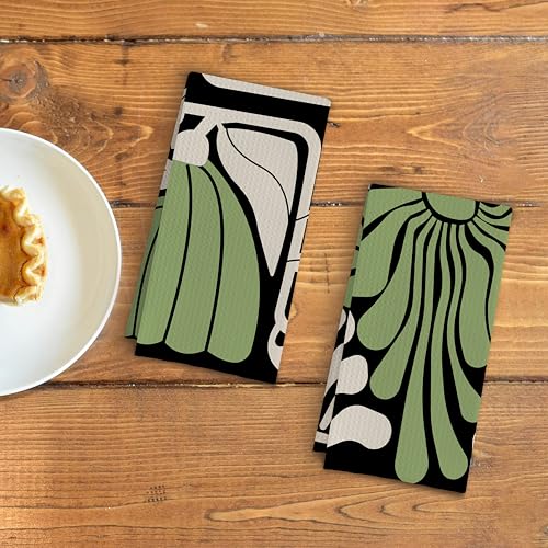 Abstract Boho Green and Beige Floral Kitchen Towels Set of 2, Retro 70s Groovy Floral Hand Towels for Bathroom Decor, Modern Minimalist Botanical Dish Tea Towels for Kitchen Decor, 16x24 Inch - color: Boho Green