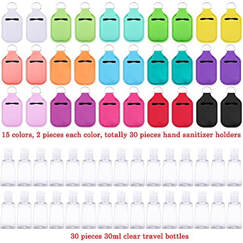 Duufin 60 Pcs Hand Sanitizer Holder Keychain Empty Travel Bottle Set | Including 30 Pcs Hand Sanitizer Keychain Holder and 30 Pcs Refillable Empty Travel Bottles for Backpack Purse, 15 Solid Color - color: Colorful Patternless