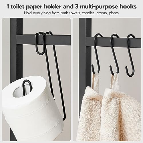 HOOBRO Over-The-Toilet Storage, 2-Tier Bathroom Organizer Over Toilet, Bathroom Shelves with Toilet Paper Holder and Hooks, Freestanding Storage Shelf, Space Saver, Greige and Black BG49TS01 - color: Greige and Black