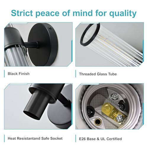 Bathroom Light Fixtures 2 Pack Hardwired, Black Wall Sconce Threaded Glass Vanity Light Featuring Two E26 sockets, Bathroom Wall Light Dimmable - Bulb Not Included, UL Certification - color: Black Threaded Glass-2Pack