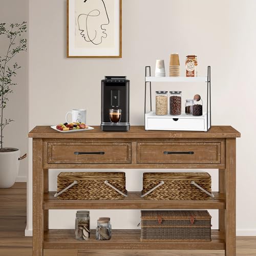 2-Tier Bathroom Organizer Countertop with Drawer, Wood Counter Organizer for Bathroom Decor, Sink Shelf for Vanity Storage, Makeup Tray for Perfume Skincare, Spice Rack Bedroom Kitchen Corner ﻿ - color: White&black