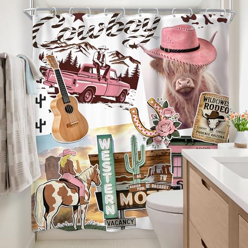 Newsely Western Cow Shower Curtain 60Wx72H Inch Cowgirl Farmhouse Boho Highland Cow Print Bathroom Set Cowboy Pink Rustic Animal Country Wildlife Nature Waterproof Decoration Accessories Home Decor - color: B-02cow, size: 60"W x 72"L (Pack of 1)