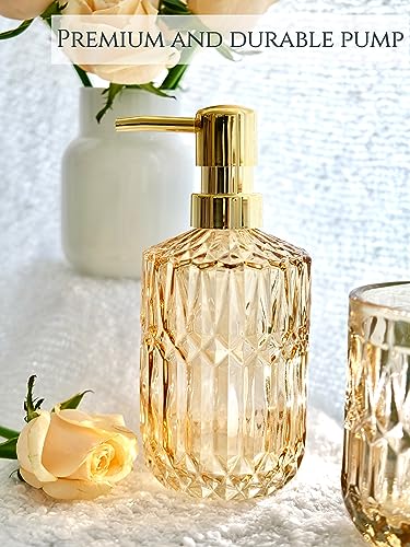 LaMarriti Clear Gold Bathroom Accessorries Set, 5Pcs Glass Bathroom Set, Soap Dispenser and Toothbrush Holder Set, Soap Dish, Tumbler, Q-Tips Holder Set for Modern Bathroom Sink, Cute Bathroom Decor - style: Clear Gold