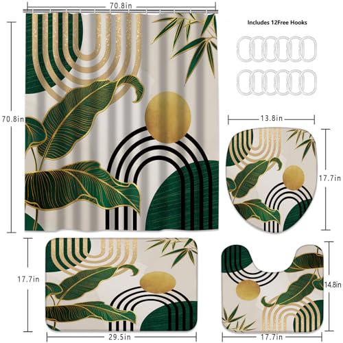 LQCOOL 4Pcs Green Shower Curtain Set, Boho Bathroom Sets,Shower Curtain with 12 Hooks, Bamboo Leaf Bathroom Sets with Shower Curtain and Rugs - color: Green Yellow