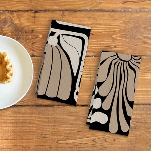 Abstract Boho Neutral Taupe and Beige Floral Kitchen Towels Set of 2, Retro 70s Groovy Floral Hand Towels for Bathroom, Modern Minimalist Botanical Dish Tea Towels for Kitchen Decor, 16x24 Inch - color: Boho Neutral Taupe