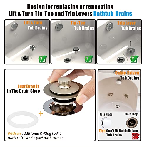 Artiwell Universal Lift and Turn Bath Drain Stopper and Cover, Bathtub Drain Stopper, Replaces Lift and Turn, Tip-Toe and Trip Lever drains for Tub, EZ Installation and Clearing (Brushed Nickel) - color: Brushed Nickel
