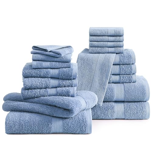 LANE LINEN 100% Cotton Bathroom Towels - 18 Piece Set - Super Soft, Quick Dry & Absorbent - 4 Bath, 8 Washcloths, 6 Hand Towels for Bathroom - Hotel Quality & Suitable for Family - Cerulean Blue - color: 10: Cerulean Blue, size: 18 Piece Towel Set