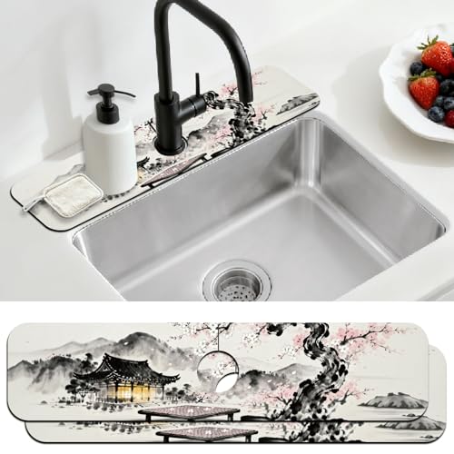 2 Pcs Kitchen Sink Splash Guard Faucet Mat Chinese Style Faucet Mat for Sinks Ink Painting Absorbing Drying Mats for Kitchen Bathroom, 23.6x5.5inch - color: Chinese Style Ink Painting