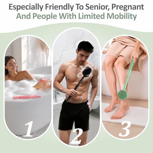 Silicone Back/Face Scrubber & Bath Glove Set 3PCS, Extendable Back Scrubber with Dual-Side Large Head, 360° Anti-Slip Bath Glove, Unique Side-bristle Face Scrubber for All-round Cleaning(Green) - color: Green*3