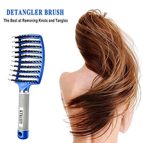 KTKUDY Detangling Brush Boar Bristles Hairbrush Make Hair Shiny & Healthier Curved and Vented Detangler Brush for Women Men Kids Wet and Dry Hair (Blue) - color: Blue