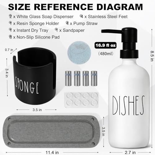 Kitchen Soap Dispenser Set,16.9 fl oz Hand and Dish Soap Dispensers with Tray, Kitchen Soap Dispenser Set with Sponge Holder, Instant Dry Tray,Kitchen Decor(White&Black) - color: White Bottle+black Pump