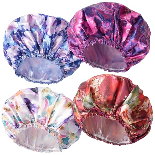 4 PCS Shower Cap for Women, Elastic and Reusable Bath Caps, Double Layers Shower Caps Reusable Waterproof, Bathing Shower Caps, Environmental Bath Hair Protection Cap - Printing Flower D - color: Printing Flower D