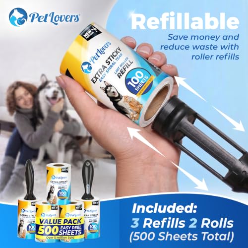 PetLovers Extra Sticky Lint Roller Mega Value Set 500 Sheets for Pet Hair Removal and Clothes, Dog and Cat Lint Remover 5 Pack - size: 5 Pack Black