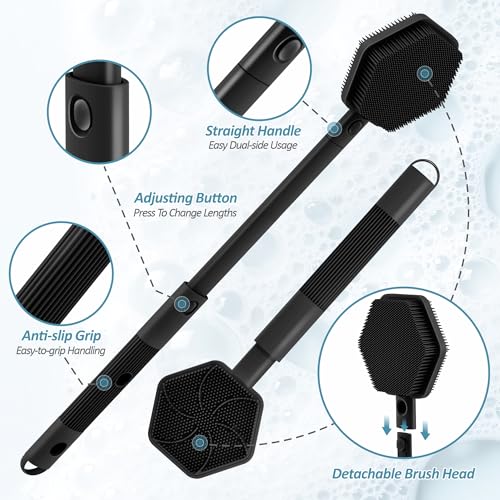 Silicone Back Scrubber for Shower, 16''-21''Extendable Shower Back Scrubber with Dual-Side Large Brush Head, 3-Length Back Brush Bath Brush with Strong Handle & Rich Foaming Bristles(Black) - color: Black