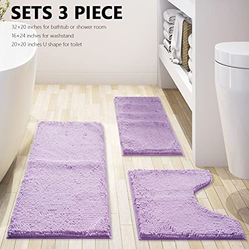 Bathroom Rugs Chenille 3-Piece Extra Soft and Absorbent Shag Bathroom Rugs, Machine Wash Mat, Strong PVC Non-Slip Underside, Plush Carpet Mats, Lavender - color: Lavender, size: 2'8" x 1'8" (16x24"+20x32"+20x20"U shape）