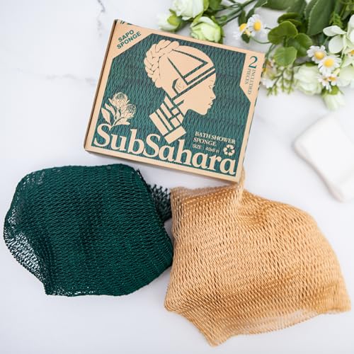 SubSahara Authentic African Net Sponge - 2 Pack Exfoliating Bath & Shower Loofah Sponge for Body & Face, Gentle Scrubber for All Skin Types, Travel, Durable (Golden & Forest Green) - color: Golden & Forest Green