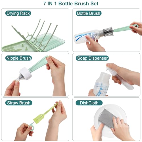 Baby Bottle Brush, 7 in 1 Travel Bottle Cleaner Kit with Silicone Bottle Brush, Nipple Brush, Straw Brush, Soap Dispenser, Bottle Drying Rack, Dishcloths, Portable Essentials for Home and Travel-Green - color: Green