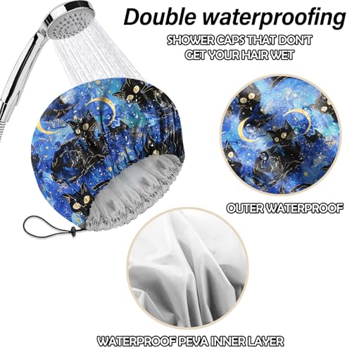 2 PCS Shower Cap Reusable Waterproof Double Layers Hair Caps Shower Bath Adjustable Elastic Hat for Women Girls Cute Aesthetic-Flower Black Cat - color: AI4-Flower Black Cat