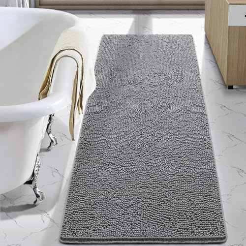 LOCHAS Luxury Bathroom Rug Shaggy Bath Mat 24 x 70 Inch, Washable Non Slip Bath Rugs for Bathroom Shower, Soft Plush Chenille Absorbent Carpets Mats, Gray - color: Grey, size: 2' X 5'10" (24''x70'')