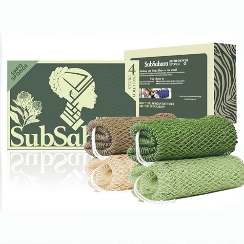 SubSahara Authentic African Net Sponge - 4 Pack Exfoliating Bath & Shower Loofah Sponge for Body & Face, Gentle Scrubber for All Skin Types, Travel, Durable - color: Brown,linen,olive Green,light Green