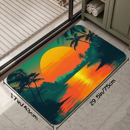 Abstract Nature View Bathroom Rug 29.5"x17", Super Absorbent Fast Drying Bath Mat with Non-Slip Rubber Backing, Thin Low-Profile Easy-Clean Bathroom Floor Mat for Shower or Tub - color: Tropical Sunset Plam