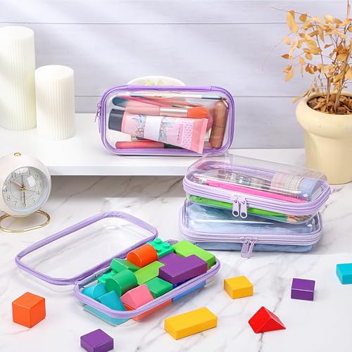 Hoolerry 4 Pcs Hard Clear Zipper Case Makeup Bags Plastic Zipper Pouch Transparent Storage Box Containers for Cosmetics, Snacks, Building Blocks, Puzzles(Clear,7.5 x 3.9 x 2 in,Purple) - color: Purple, size: 7.5 x 3.9 x 2 in