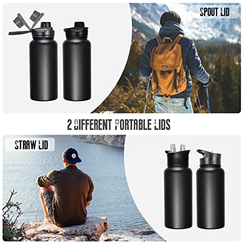 32 oz Insulated Water Bottle with Straw Lid & Wide Mouth Lids, Stainless Steel Sports Water Bottles, Double Walled Vacuum, Leak Proof, Black - color: Black, size: 32 Ounces