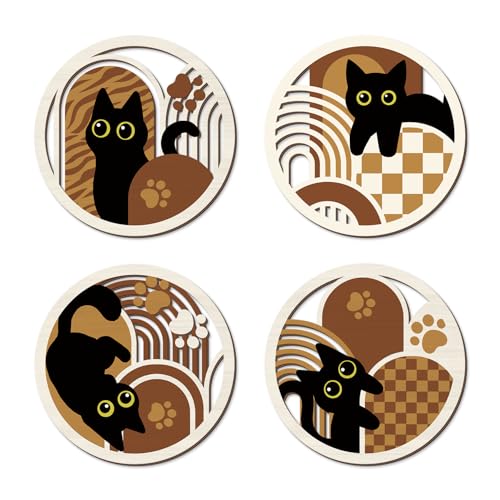 TOARTi 4PCS Boho Black Cat Wall Art Set, Minimalist Geometric Wooden Wall Decor,Abstract Bohemian Black Cats Hanging Sign, Farmhouse Cute Kitty Artwork for Bedroom Living Room Nursery Cat Lovers Gifts - color: 4pcs Boho Black Cat Wall Art