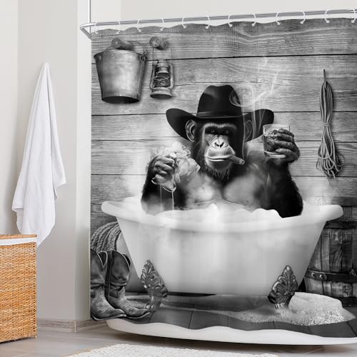 Newsely Funny Monkey Shower Curtain 72Wx72H Inch Western Cowboy Chimpanzee in Bathtub Black White Animal Wildlife Shower Curtain Bathroom Set Boys Men Waterproof Bath Decoration Accessories Home Decor - color: C-monkey, size: 72"W x 72"L (Pack of 1)