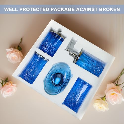 Bathroom Accessories Set,5 Pcs Blue Glass Bathroom Accessory Set,Complete Lotion Soap Dispenser,Toothbrush Holder,Soap Dish,Tumbler & Jar,Modern Bathroom Decor Sets Gift,Round - style: Round(Blue)