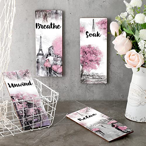 Gerrii 4 Pcs Pink and Grey Bathroom Decor Paris Decor Relax Soak Unwind Breathe Wall Art Farmhouse Bathroom Wedding Newlywed Home Spa Laundry Accessories Wood Hanging Sign(11.81 x 3.15 Inch,Rectangle) - size: 11.81 x 3.15 Inch, style: Rectangle