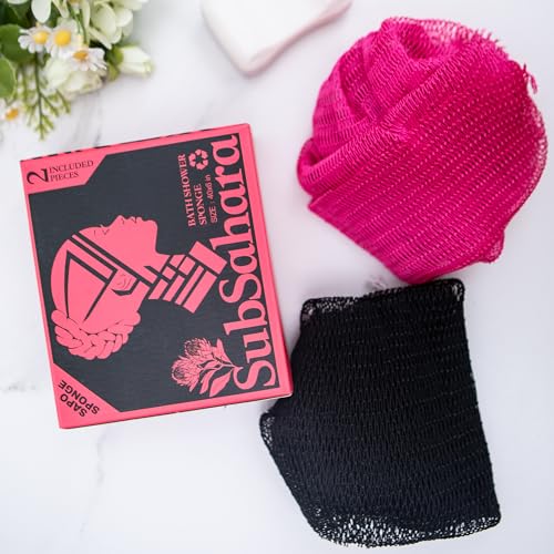 SubSahara Authentic African Net Sponge - 2 Pack Exfoliating Bath & Shower Loofah Sponge for Body & Face, Gentle Scrubber for All Skin Types, Travel, Durable (Black & Pink) - color: Black & Pink