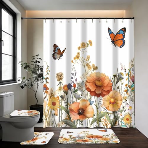 DDQQ 4Pcs Yellow Floral Shower Curtain Set Butterfly Bathroom Sets with Rugs, Flower Shower Curtain with 12 Hooks Bathroom Decor with Rugs Bath Accessories with Mats Toilet Lid Cover - color: Brown