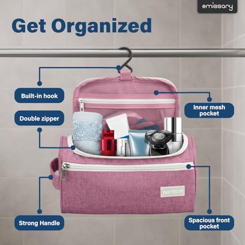 emissary Hanging Travel Toiletry Bag for Men, Dopp Kit - Pink | Built-in hook, waterproof wipe-clean lining, clear & mesh pockets; men's travel toiletry organizer, folds flat - color: Pink