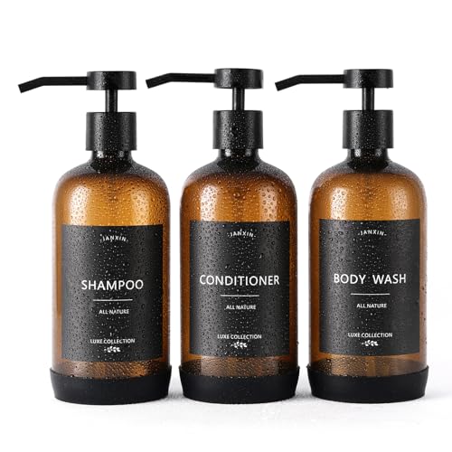Shampoo and Conditioner Dispenser Set of 3,Refillable 21oz Shampoo Bottles with Non-Slip Protective Silicone Pad,Shower Soap Dispenser with Waterproof Labels for Bathroom (Amber) - color: Amber Bottles + Black Pumps