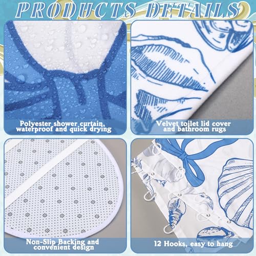 Tatuo 8 Pcs Beach Shower Curtain Set Blue Bow Ocean Bathroom Accessories Sets Coquette Starfish Coastal Waterproof Shower Curtain with Towels Carpet Bath Mat Toilet Rug 12 Hooks for Summer Beach Party - style: Blue Ocean