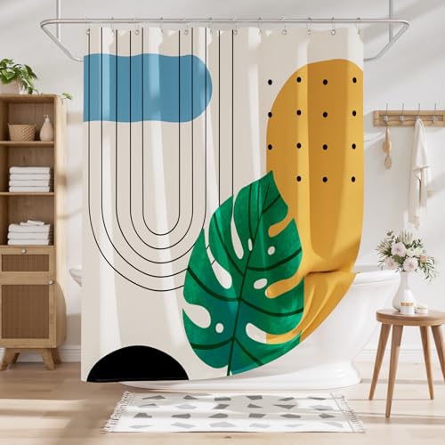 AmazerBath Boho Shower Curtain, Beige and Brown Abstract Cloth Shower Curtain with 12 Metal Hooks, Luxury Washable Farmhouse Polyester Fabric Bathroom Green Leaf Shower Curtain Set, 72x72 Inches - color: D- Boho Leafy+12 Metal Hooks, size: 72"W x 72"L (Pa