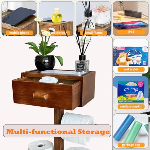 Freestanding Bathroom Toilet Paper Holder Stand with Shelf, Bamboo Toilet Paper Roll Holder with Wet Wipes Storage Drawer(Brown) - color: Brown