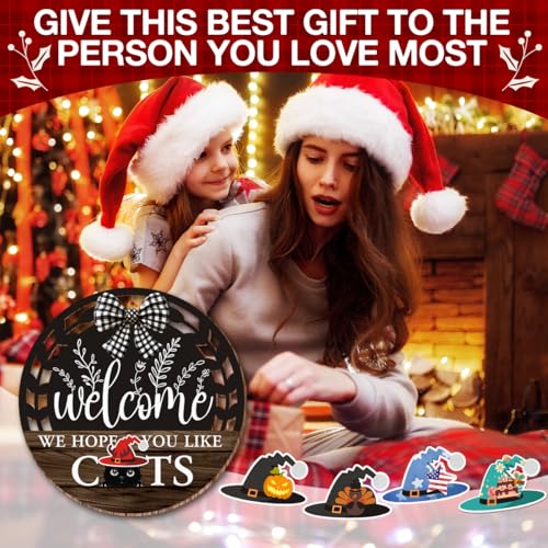 Interchangeable Seasonal Welcome Hanging Sign - Farmhouse Front Door Decoration for Holidays - Rustic Round Wood Wreaths with 12 Icons – Welcome Cat Lover(Brown) - color: catsbrown