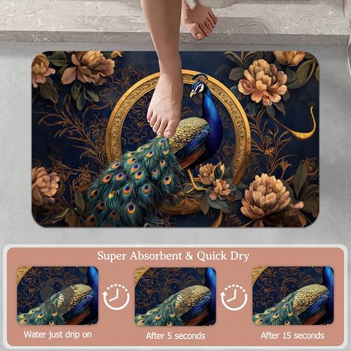 Peacock Bathroom Rugs,Bath Mats for Bathroom,Floral Low Pile Absorbent Bath Mat,Rubber Backing Non Slip Washable Thin Quick Dry Door Mat 17x29.5 Inch - color: Peacock,floral
