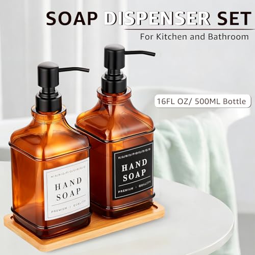 Amber Glass Soap Dispenser with Pump,Tray,Funnel, Countertop Soap and Lotion Dispenser Set of 2 with 60 Stickers, Dish and Hand Soap Dispenser Bottle for Kitchen,Bathroom,Shower,500ml/16.9oz - color: Blk-5070-2b