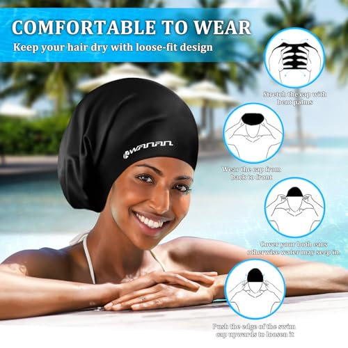 Extra Large Silicone Swim Cap for Long Hair and Protective Styles–Waterproof Swimming Cap for Men and Women with Dreadlocks, Weaves, Extensions, Braids, Curls, and Afros–Keep Hair Dry - color: Black
