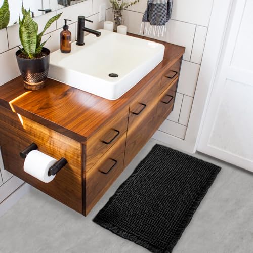 ZALL Waffle Bath Mat Black Super Absorbent Non Slip Bathroom Rug,Rhombus Geometric 17x24inch,Machine Washable Ultra Soft Floor Mats - color: Black, size: 17 x 24 inches(Rectangular)