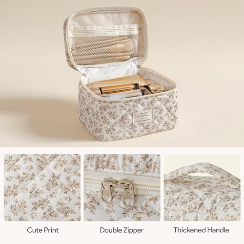 HBselect Quilted Makeup Bag, 3PCS Cotton Large Travel Makeup Bag, Cute Floral Coquette Make up Bag Cosmetic Bag Toiletry Bag for Women Girls - color: A-3PCS-Floral 23