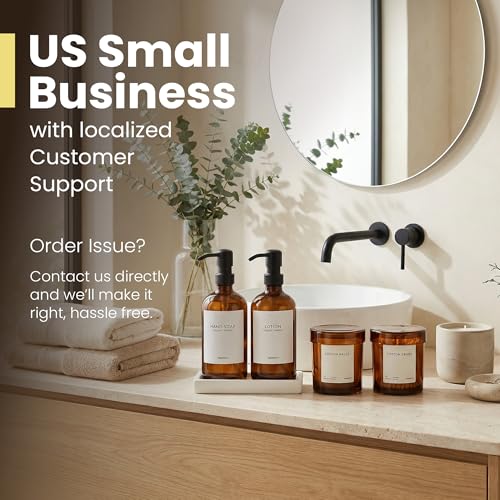 MaisoNovo Soap and Lotion Dispenser Set - Bathroom Soap Dispenser Set with Amber Glass Soap Dispenser, Black Pumps & Ceramic Tray - color: Amber Bottles/ Black Pumps/ White Ceramic Tray