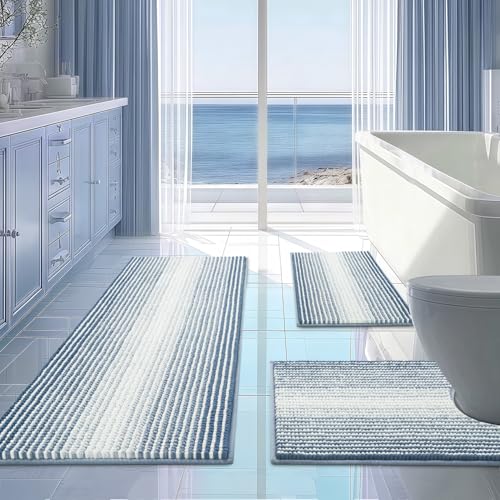BSICPRO Bathroom Rugs Sets 3 Piece, Toilet Rugs U-Shaped Contour Bath Mat Set, Long Striped Absorbent Non Slip Chenille Shower Mat, Fog Blue - color: Fog Blue, size: 20"x47"+16"x24"+ U Shape 20"x24"