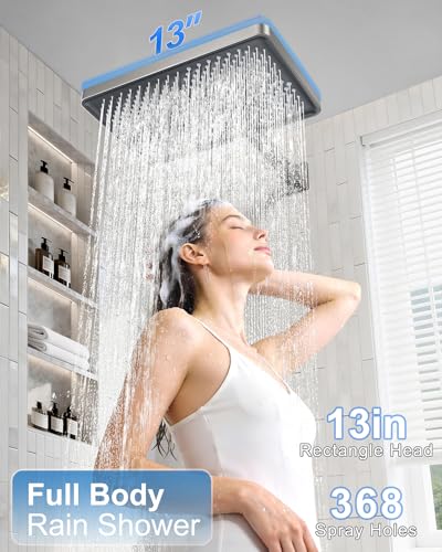 Shower System 13-Inch Rainfall Shower Head - 3 Setting Handheld Sprayer, Complete Bathroom Set with Faucet Mixer Trim Kit & Valve Brushed Nickel - color: Brushed Nickel, size: 13''